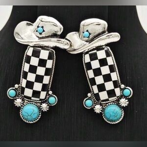 Western Earrings Turquoise & Black Checkered Cowgirl Earrings